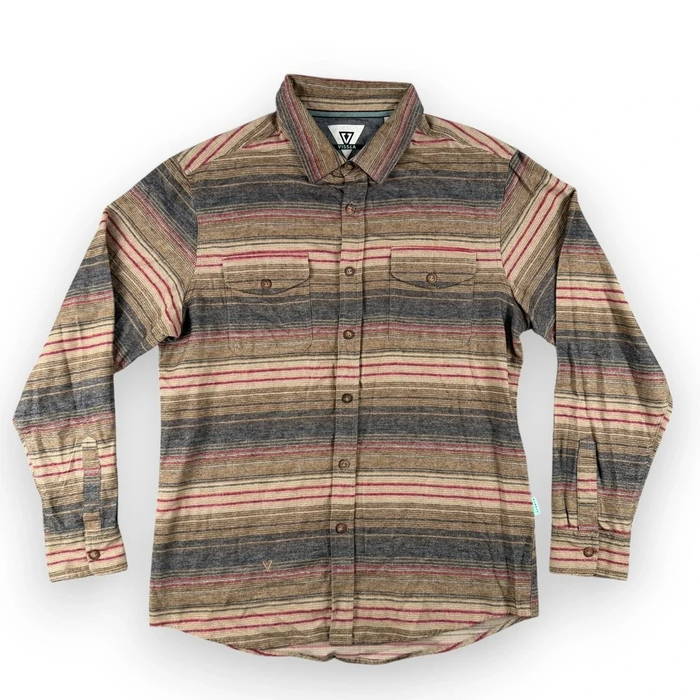 Vissla Shirt Mens‎ L Brown Stripe Long Sleeve Button Down Casual Central Coast